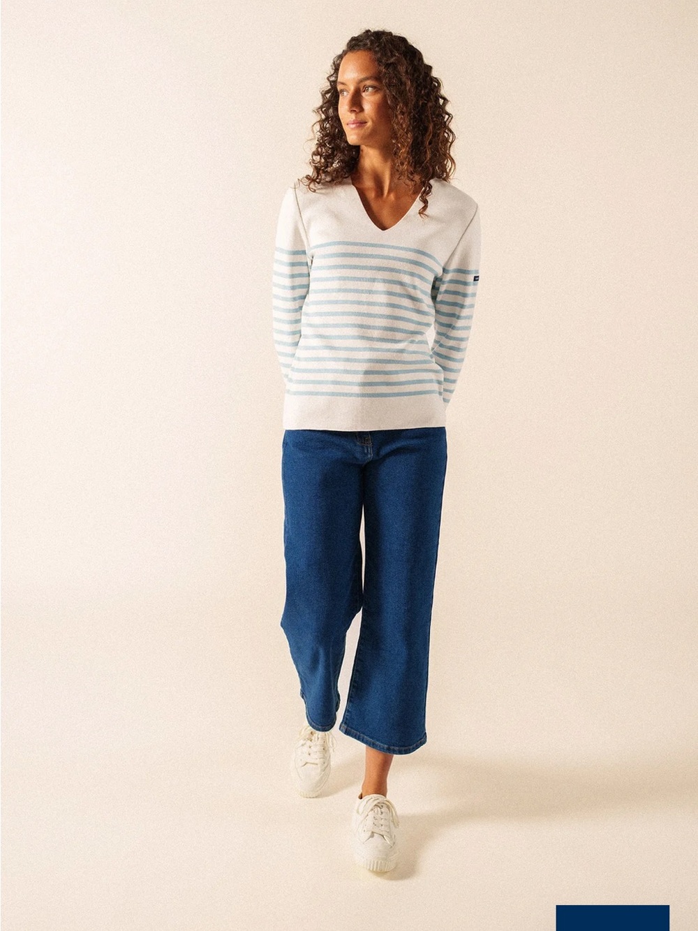 SAINT JAMES BREHAT Cotton V-neck Sweater Nautical Stripe Size 8 Made in France - Picture 7 of 7